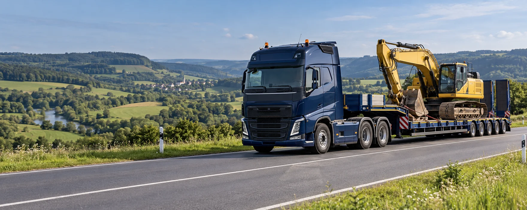 Illustration eines Schwertransporters mit Baumaschine auf einem Tieflader